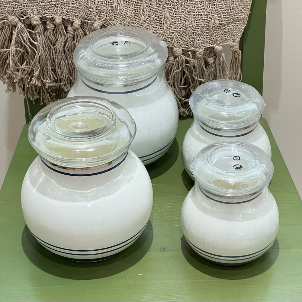 NWT Vintage IKEA Enamel Storage Jars Blue Stripes with Glass Lids – Set of 4